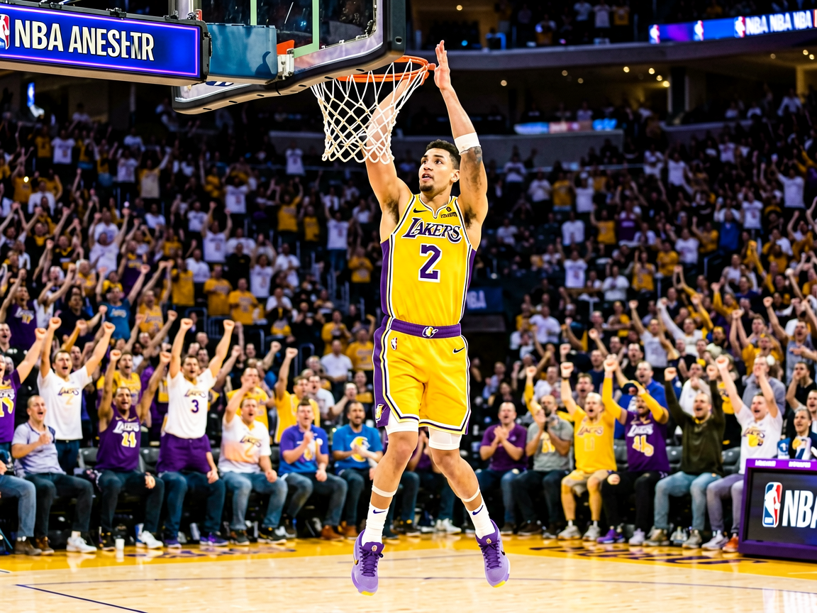 NBA比赛中球员扣篮精彩瞬间，球场观众欢呼
